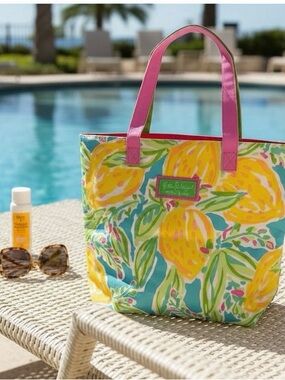 Lilly Pulitzer Yellow Lemon Print Tote with Pink & Green Handles Pool Beach NWOT